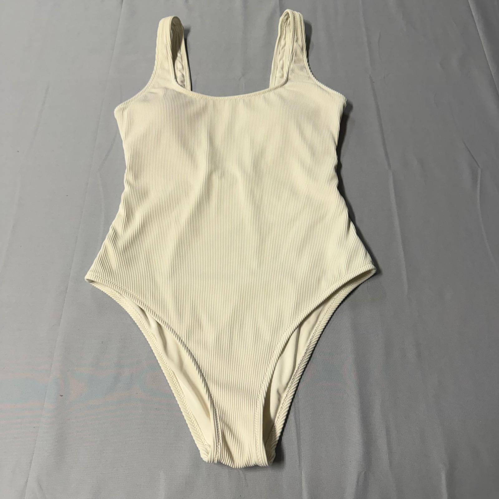 Aerie Cream Ribbed One Piece Swimsuit Square Neck High Cut Scoop Back Medium